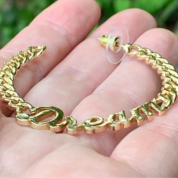 BCBGeneration Gold Chain “DREAM” Script LARGE HOOPS POST EARRINGS! 2” Diameter - Picture 3 of 5